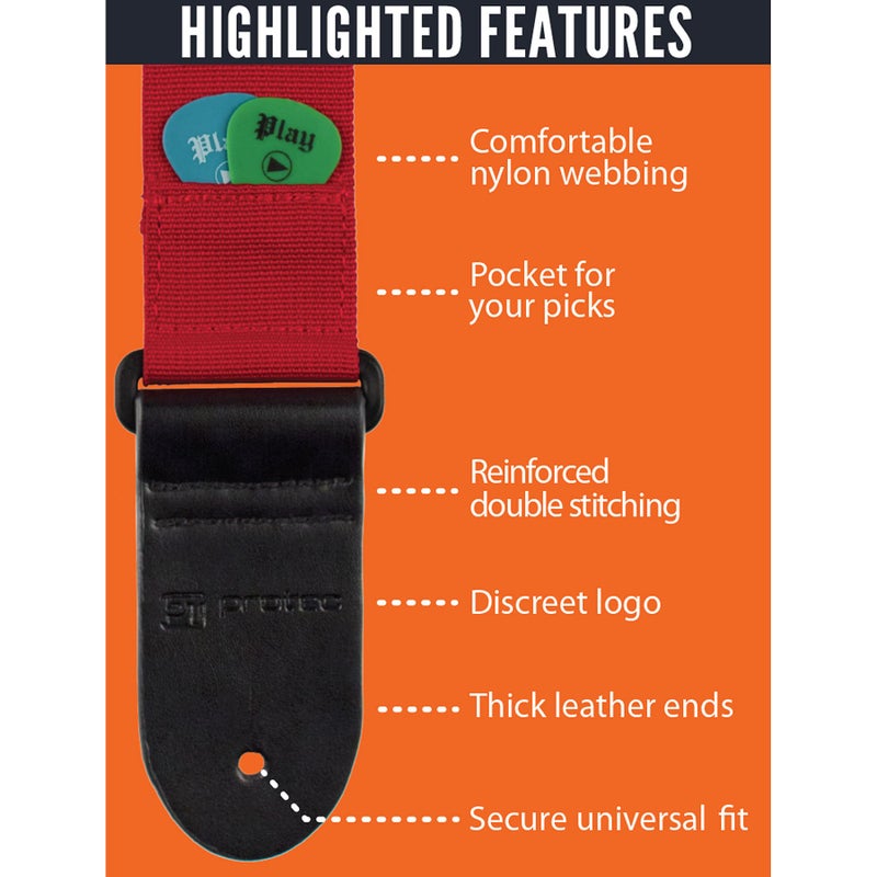 Pro-Tec Protec Guitar Strap featuring Thick Leather Ends and Pick Pocket, Red - Image 4
